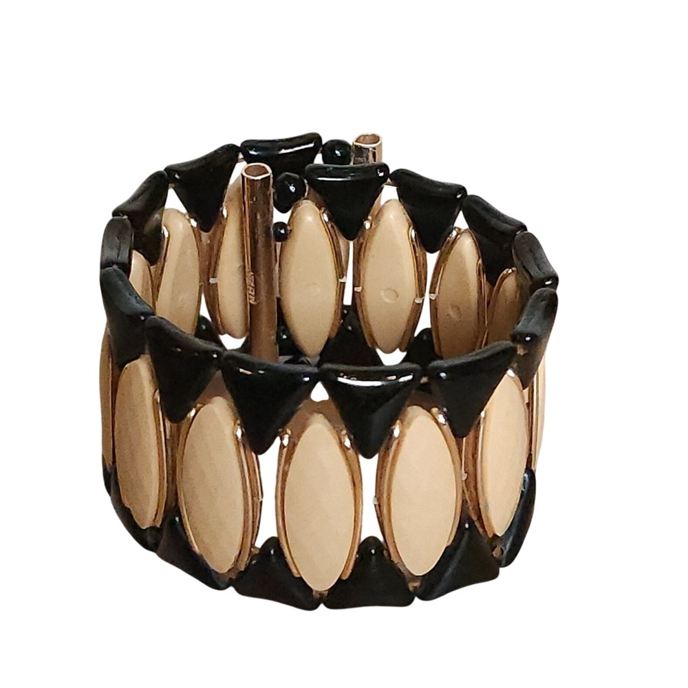 VTG W Germany Expandable Wrap Bracelet Black Cream Geometric MidCentury Mod STMT